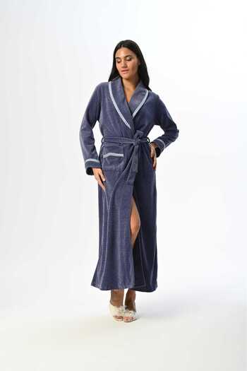 Lohussa Women's Blue Velvet Shawl Collar Lace Winter Special Design Full Length Dressing Gown