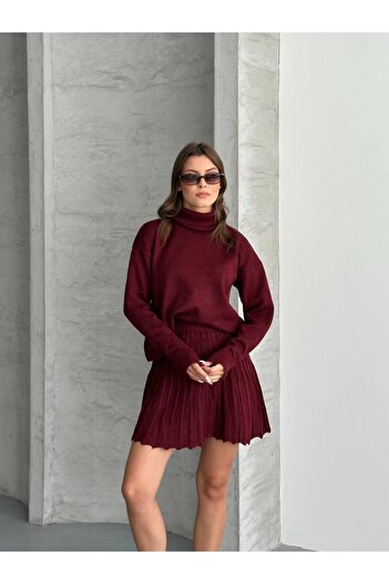 MODAMERSİ Women's Burgundy Turtleneck Sweater Skirt Bottom Top Set