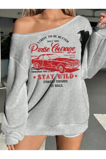 AEMİ Women's Stay Wild Printed Boat Neck Sweatshirt