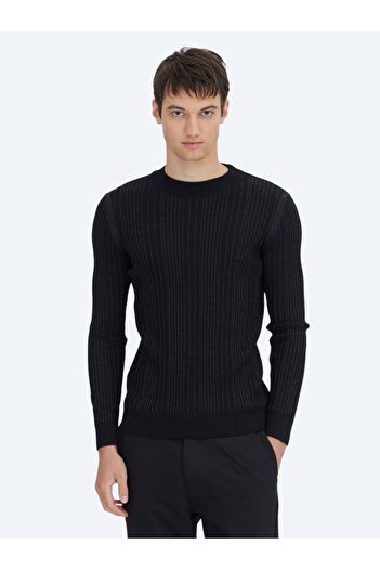 Kip Black Crew Neck Jacquard Wool Blend Sweater