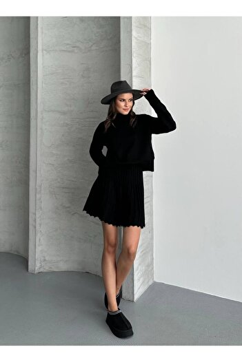MODAMERSİ Women's Black Turtleneck Sweater Skirt Bottom Top Set