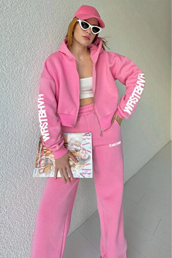 AEMİ Women's WRSTBHVR Printed Oversize 3 Thread Cardigan Tracksuit Set