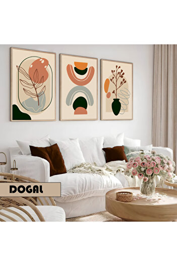 Harikabirev Children's Room Living Room-Minimalist Modern Bohemian Cream Plant Detail | Wooden Framed 3-Piece Mdf Ahmdf