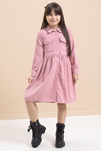 Cansın Mini Dusty Rose Girl's Velvet Dress with Pocket Detail 21549