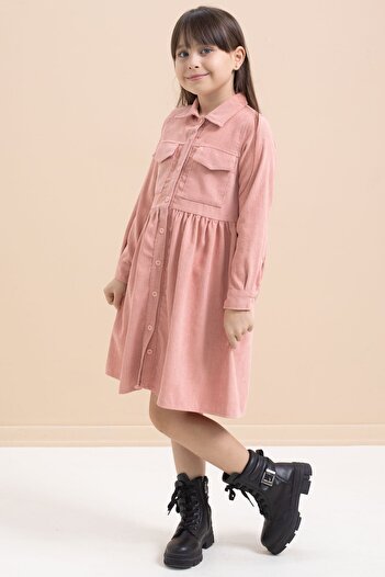 Cansın Mini Pink Girl's Velvet Patterned Dress with Pocket Detail 21546
