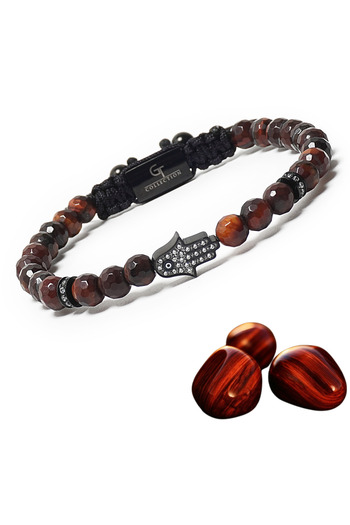 GT Collection Men’s Energy Bracelet – Red Tiger Eye Beads with Black Hamsa Hand – Adjustable Cord