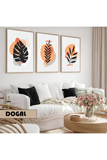 Harikabirev Children's Room Living Room-Minimalist Modern Bohemian Leaves X4 | Wooden Framed 3-Piece Mdf Ahmdf