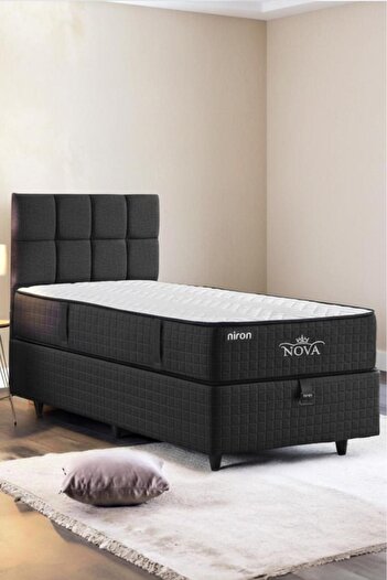Niron Nova Yatak Tek Kişilik Lüks Yatak - 25 cm Paket Yaylı Ortopedik, Orta Sert, Antrasit, Pamuklu Kumaş