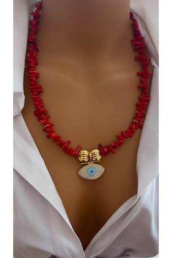 Nevaa Still Red branch coral natural stone eye design necklace