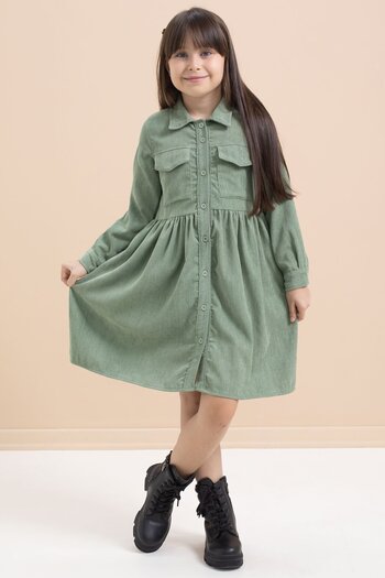 Cansın Mini Green Girl's Velvet Patterned Dress with Pocket Detail 21547
