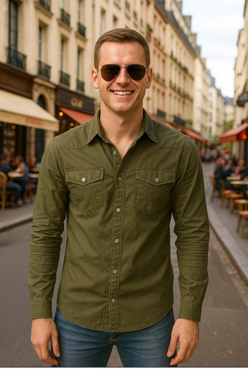 Pobudo Khaki Special Wear-Resistant Fabric Men's Denim Shirt