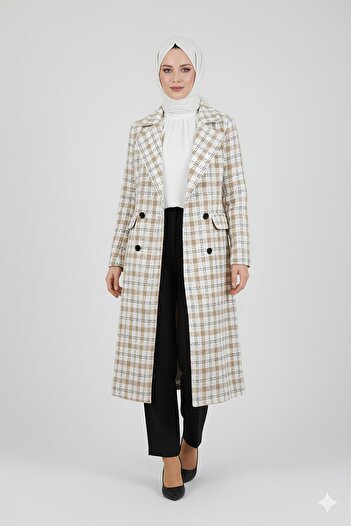 STİLZERAFET Double-Breasted Collar Plaid Coat