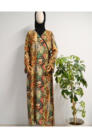 Bilenler Ethnic Patterned Double-Breasted Prayer Dress – 100% Viscose, Side Tie, Sizes 36-46