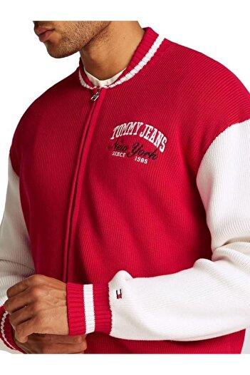 Tommy Hilfiger Men's Tjm Varsity Baseball Cardigan - Red and White Sweater