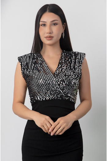 Afiş Butik Black Double Breasted Collar Silver Sequin Detail Crepe Midi Dress
