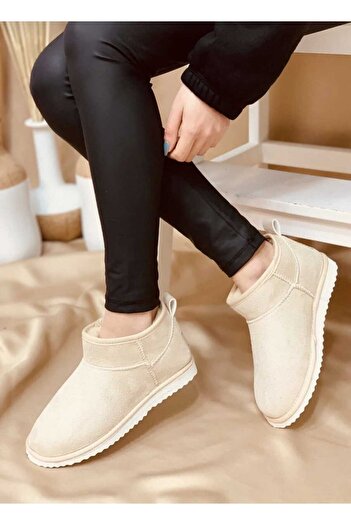 WEBORN Ultra Mini Winter Beige Suede Κοντές Γούνινες Μπότες με Λεπτή Σόλα Ζεστές Γυναικείες Μπότες