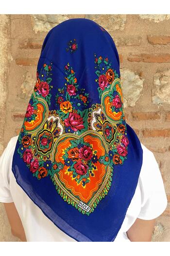 Sobe Hediyelik Mardin Calligraphy Blue Background Floral Patterned Headscarf 100X100 cm – Dowry and Daily Use