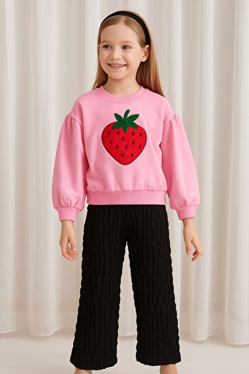 Kübra Tekstil Girl's Black Elastic Waist Wrinkled Fabric Comfortable Cut Trousers - Girl's Trousers