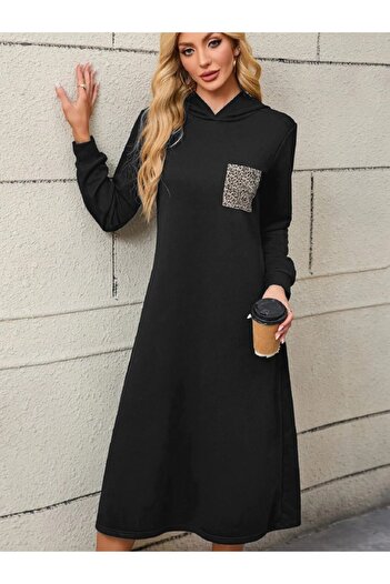 Modayakamoz New Season Women's Long Sleeve Hooded Pocket Detailed Viscose Two Thread Maxi Dress