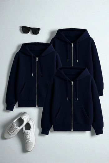 uyguntarz Unisex Navy Blue & Navy Blue & Navy Blue Zipper Hooded Sweatshirt 3-Piece Opportunity Pack