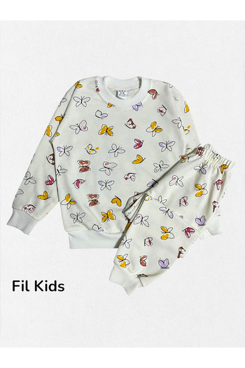 Fil Kids Girl's Cotton Fabric Ecru Colored Butterflies Patterned Long Sleeve Winter Pajama Set