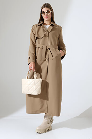 B.HE.Z Linen Fabric Long Length Buttoned Lined Soft Textured Trench Jeans Mink