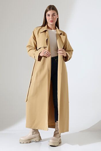 B.HE.Z Amazon Linen Fabric Long Length Buttoned Lined Soft Textured Trench Jeans Camel