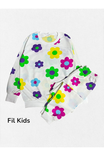 Fil Kids Girls' Cotton Fabric White Color Flowers Pattern Long Sleeve Winter Pajamas Set