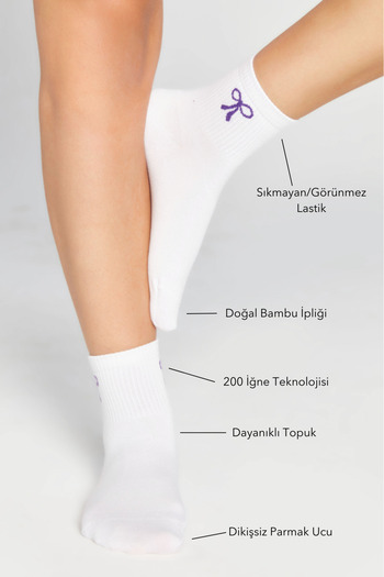 bamboo star Bamboo Women's White Tennis College Bow Patterned Premium Seamless White Socks 3-Pack