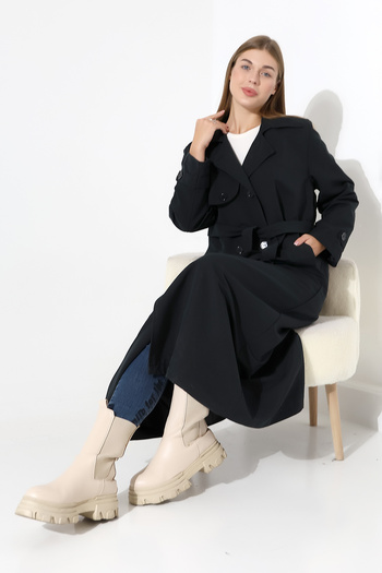 B.HE.Z Amazon Linen Fabric Long Length Buttoned Lined Soft Textured Trench Jeans Black
