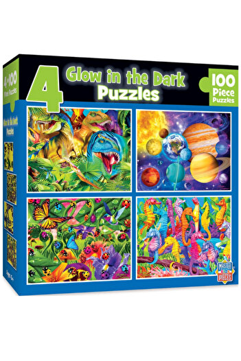 Masterpieces 4-Pack Glow in The Dark 100-Piece Jigsaw Puzzle Set for Kids – 8"x10" Blue Designs