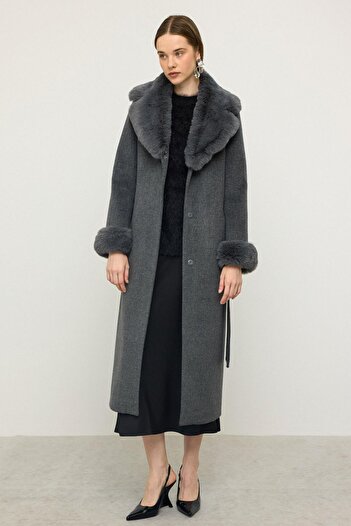 Olcay Long Coat with Detachable Fur Collar and Sleeves Dark Gray 3088