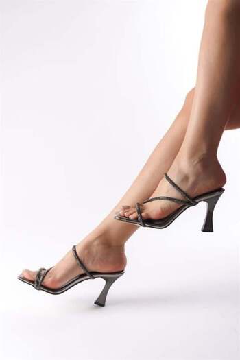Les Passent Women's Platinum Patent Leather 9 cm Heeled Stone Slippers