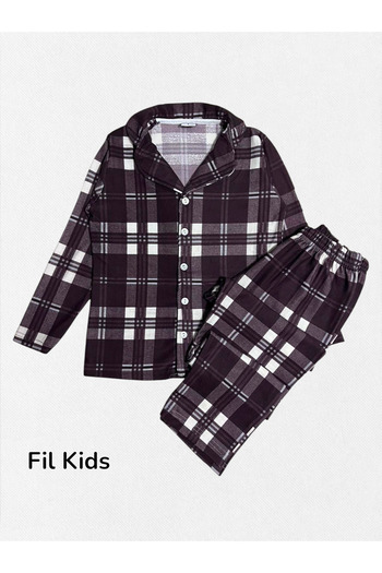 Fil Kids Men's Father-Son Cotton Suede Brown Plaid Pattern Long Sleeve Shirt Collar Winter Pajama Set