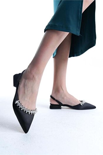 Les Passent Women's Black Satin Stone Open Back Elastic 2.5 cm Short Block Heels