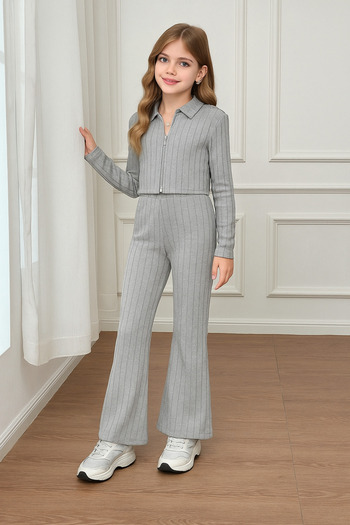WEEST MODA Gray Zippered Short-Sleeved Spanish-Style Long-Sleeved Top and Bottom Set for Girls