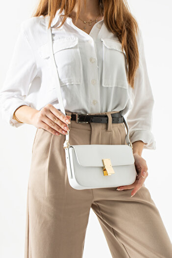 Çanta Trend Suede Model White Color Women's Hand and Shoulder Bag with Gold Detail