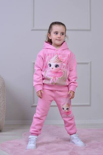 ARBİ kids Girls' Ballerina Cappucino Three-Thread Ribbed Hooded Two-Piece Suit