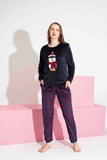 Tarık Women's Plaid Pattern Long Sleeve French Velvet Fabric Winter Warm Pajamas Set