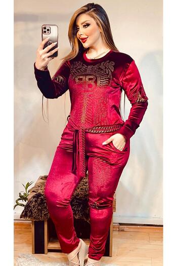 Kaptins Women's Stylish Jumpsuit & Salopet Stone Detailed Velvet Fabric