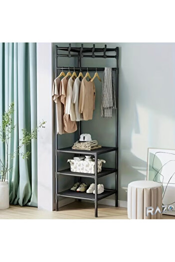 Razo Corner stand, Clothes hanger, 2/3 storage shelves, 4 double hooks, 40x40X185/ 188 cm, Black