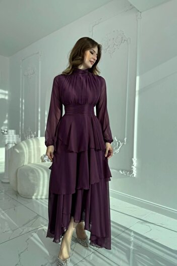 HELİS BUTİK Asymmetrical Cut Layered Chiffon Purple Dress