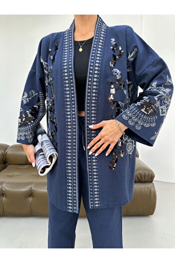 MİA NOURA Women's Front and Sleeves Pulpalet Embroidered Kimono Pants Set