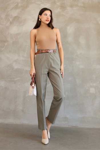 lodmela Pocket Detailed Elastic Waist Gabardine Fabric Trousers 6019-Khaki