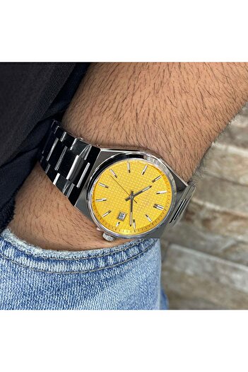 İSTLİV Silver-Yellow Men's Metal Cord Calendar Steel Case Wristwatch