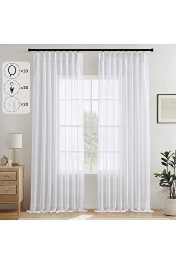 MIULEE Curtains with voile tape, Miulee, 4 fixing options, set of 2, 132 x 245cm, white