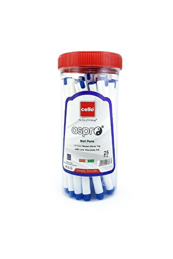 CELLO Aspro Nickel Silver Tip With Low Viscosity Ink Ball Pen Jar, 0.7 mm, Pack of 25, Blue
