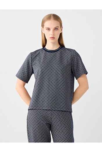 Jimmy Key Navy Blue Short Sleeve Crew Neck Patterned Knitted Blouse
