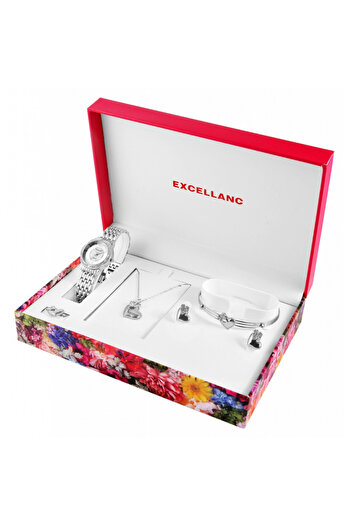 Excellanc Set ceas dama argintiu cu cadran alb, cercei, bratara si lantisor cu pandativ,