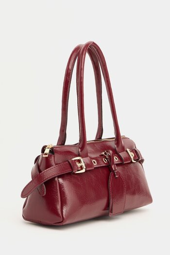 H&D COLLECTİON Claret Red Women's Hand and Shoulder Bag with Double Buckle Belt Detail